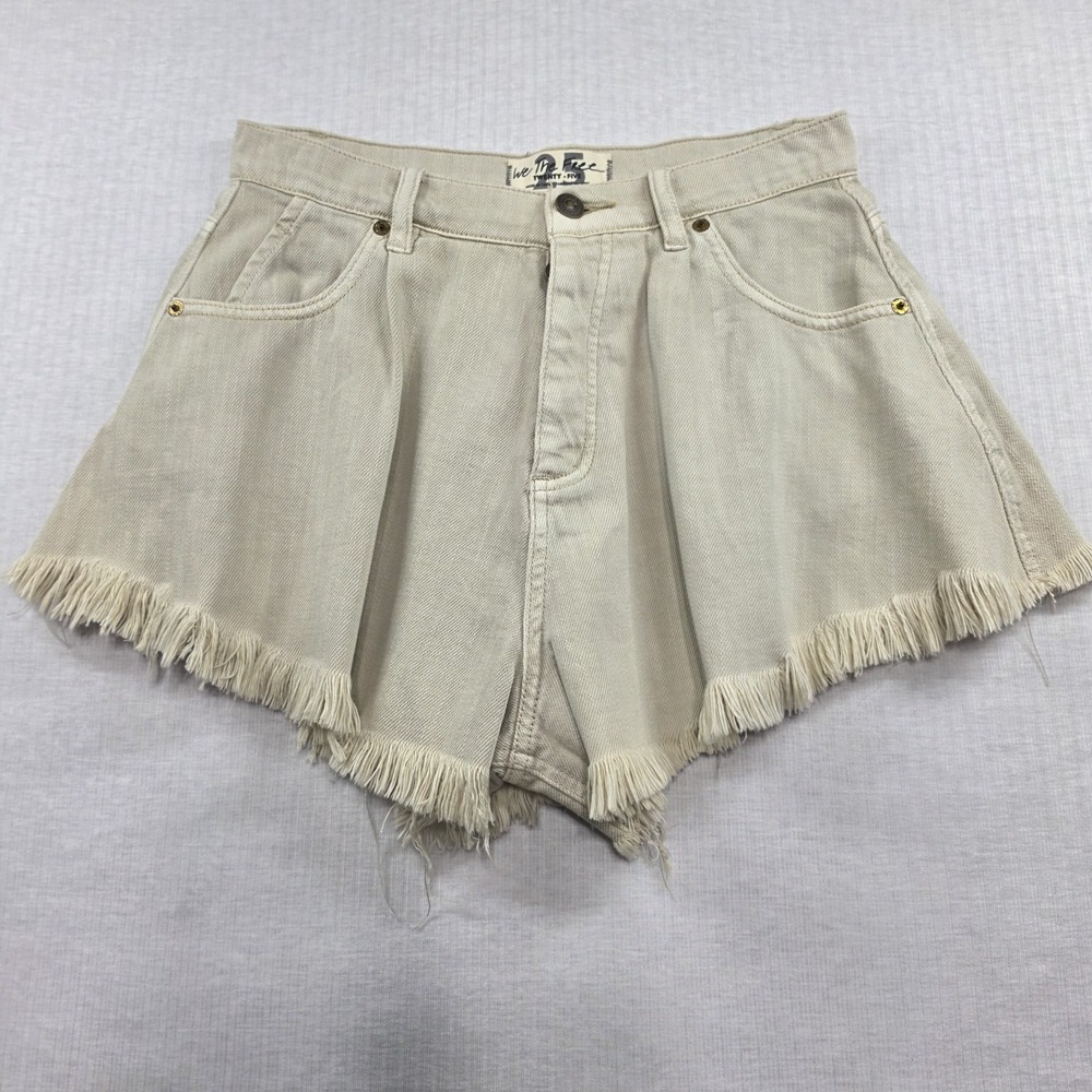 We The Free Cream Raw Fringe Denim Button Fly Shorts Size 25 Boho Festival